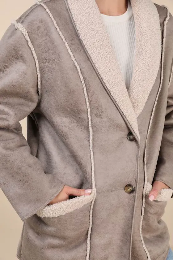Claine Taupe Distressed Suede Shearling Coat sold by Lulus product image thumbnail 4