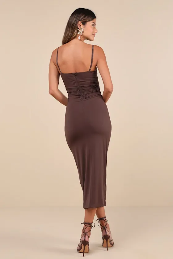 Mesmerizing Reputation Brown Twist-Front Bodycon Midi Dress sold by Lulus product image thumbnail 2