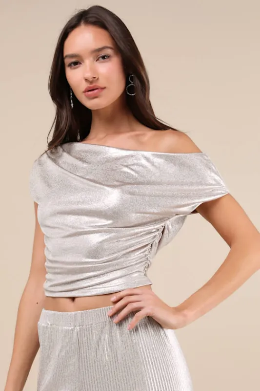 Spectacular Shimmer Champagne Lurex Ruched Top made by Lulus