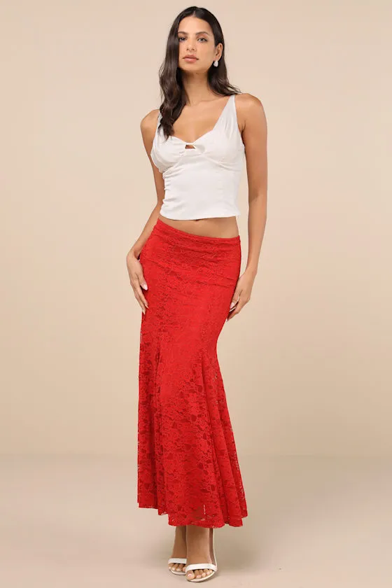 Passionate Statement Red Floral Lace Mermaid Midi Skirt sold by Lulus