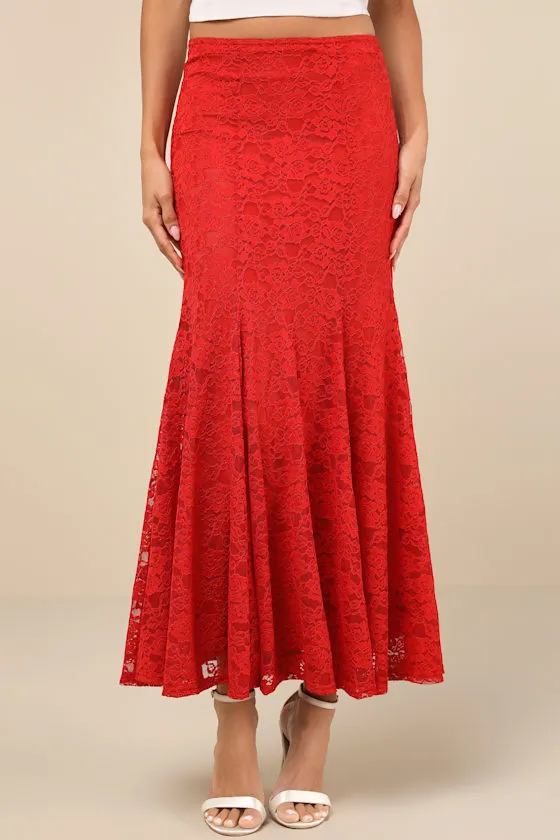 Passionate Statement Red Floral Lace Mermaid Midi Skirt sold by Lulus product image thumbnail 2