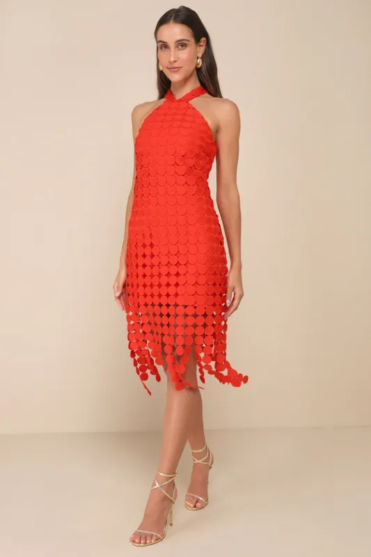 Flirtatious Fun Red 3D Dot Halter Fringe Midi Dress sold by Lulus