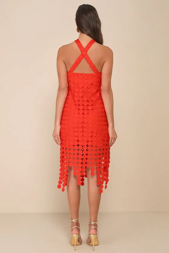 Flirtatious Fun Red 3D Dot Halter Fringe Midi Dress sold by Lulus product image thumbnail 2