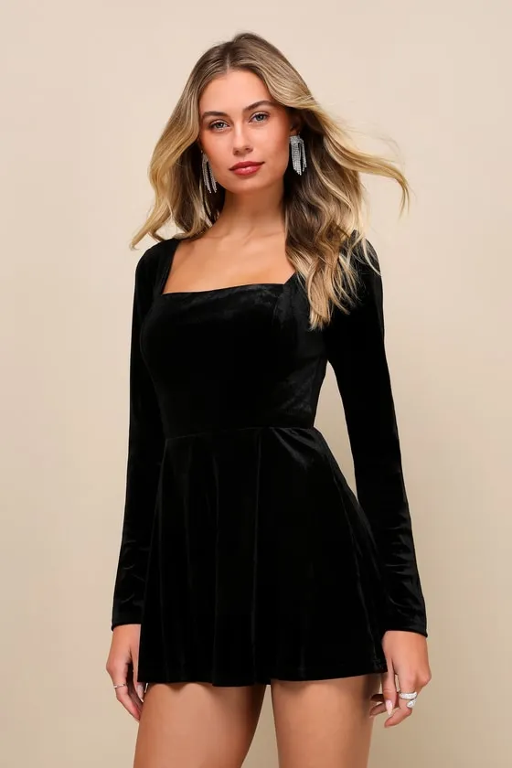Feeling Cheery Black Velvet Long Sleeve Tie-Back Romper sold by Lulus product image thumbnail 2
