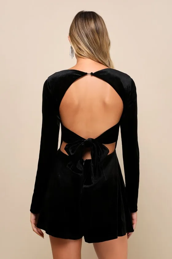 Feeling Cheery Black Velvet Long Sleeve Tie-Back Romper sold by Lulus product image thumbnail 3