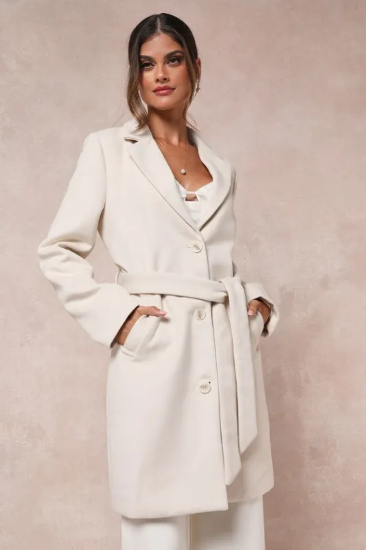 Harriet Ivory Button-Front Belted Coat sold by Lulus