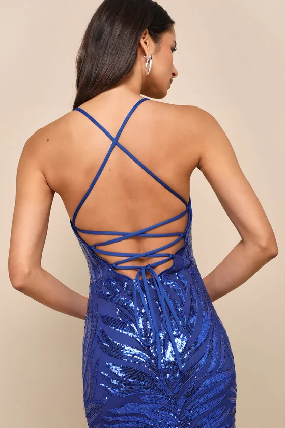 Sparkle 'til Dawn Royal Blue Sequin Lace-Up Mermaid Maxi Dress sold by Lulus product image thumbnail 4