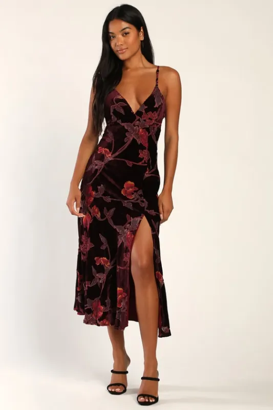 Divine Allure Burgundy Floral Burnout Velvet Midi Dress sold by Lulus