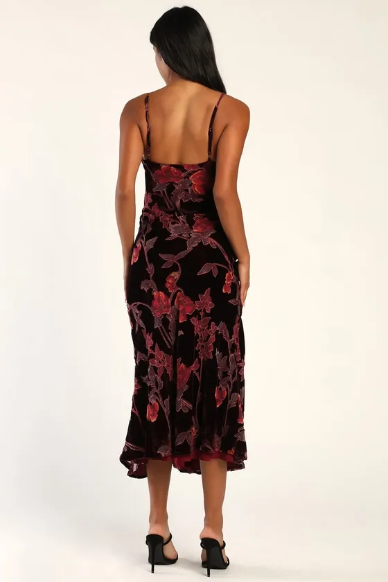 Divine Allure Burgundy Floral Burnout Velvet Midi Dress sold by Lulus product image thumbnail 4
