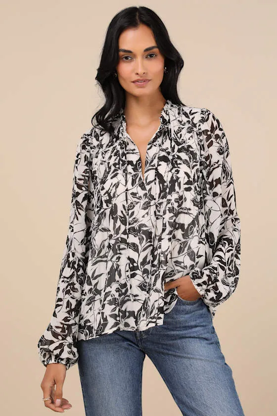 Classic Concept White and Black Floral Pleated Long Sleeve Top sold by Lulus