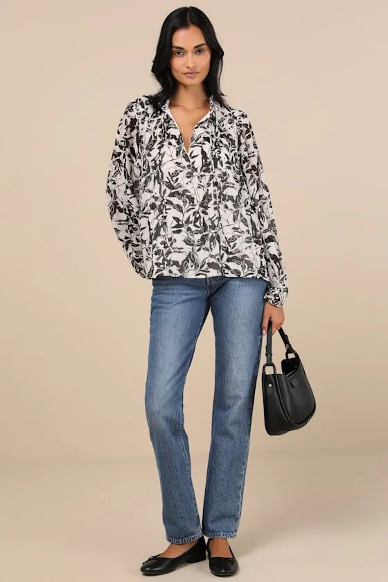 Classic Concept White and Black Floral Pleated Long Sleeve Top sold by Lulus product image thumbnail 3