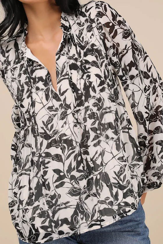 Classic Concept White and Black Floral Pleated Long Sleeve Top sold by Lulus product image thumbnail 4