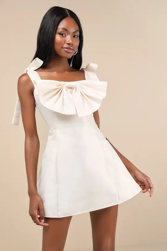 Glamorous Luxury Champagne Taffeta Bow Lace-Up Mini Dress sold by Lulus