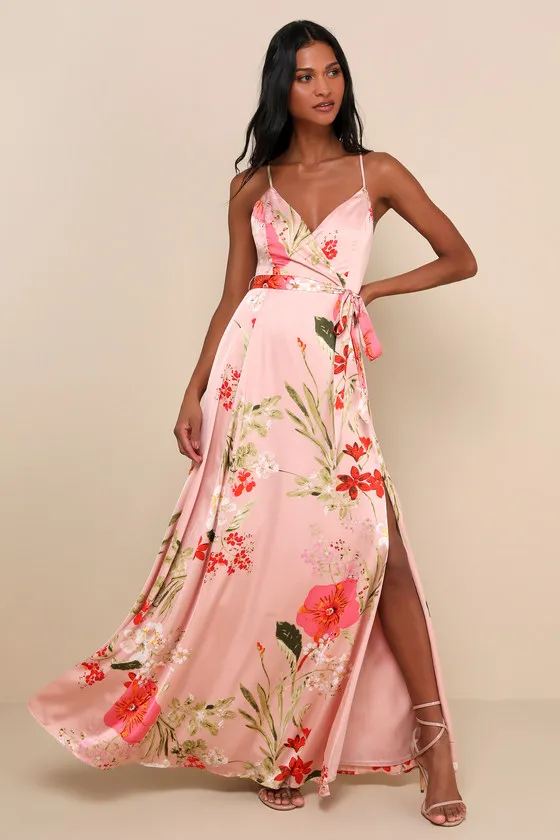 Still the One Blush Pink Floral Print Satin Maxi Dress sold by Lulus