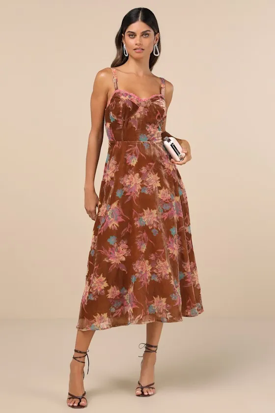 Coveted Grace Brown Velvet Burnout Bustier Midi Dress sold by Lulus