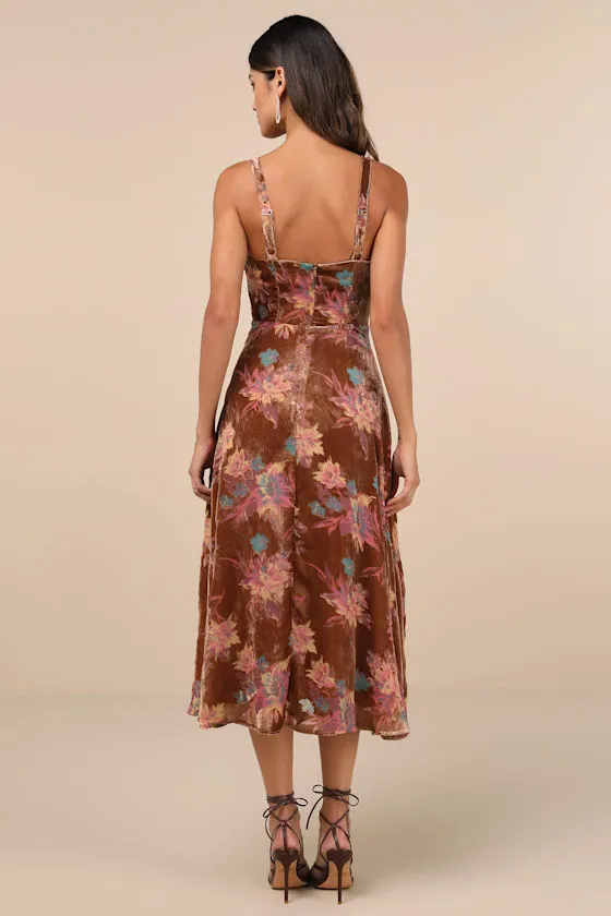 Coveted Grace Brown Velvet Burnout Bustier Midi Dress sold by Lulus product image thumbnail 2