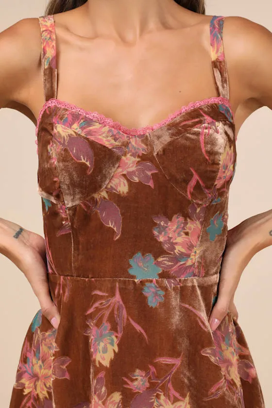 Coveted Grace Brown Velvet Burnout Bustier Midi Dress sold by Lulus product image thumbnail 3