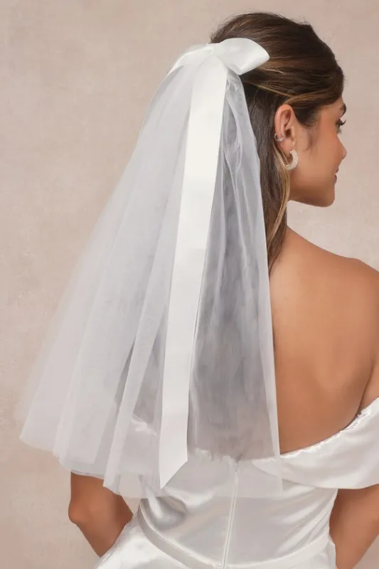 Dreamy Adoration White Satin Bow Hair Clip Veil sold by Lulus