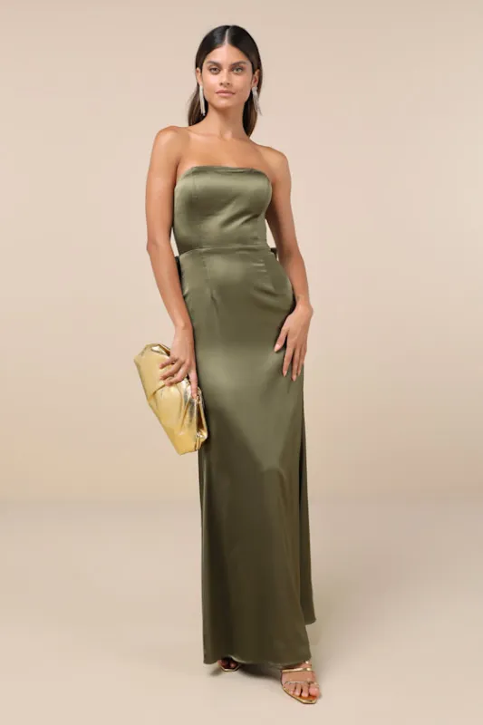 Absolutely Poised Olive Green Satin Strapless Bow Maxi Dress sold by Lulus