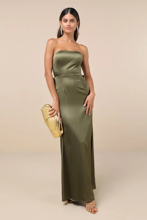 Absolutely Poised Olive Green Satin Strapless Bow Maxi Dress sold by Lulus