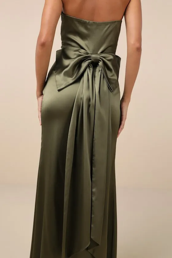 Absolutely Poised Olive Green Satin Strapless Bow Maxi Dress sold by Lulus product image thumbnail 3