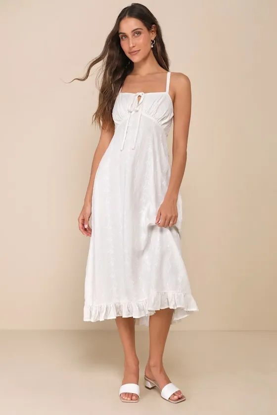 Unbelievably Sweet White Floral Embroidered Ruffled Midi Dress sold by Lulus
