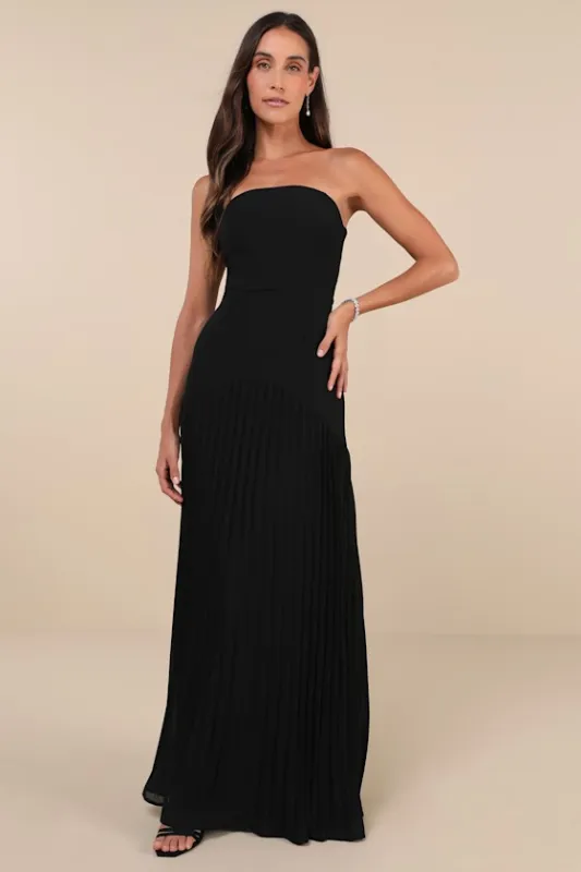 Celebratory Aesthetic Black Pleated Strapless Maxi Dress sold by Lulus