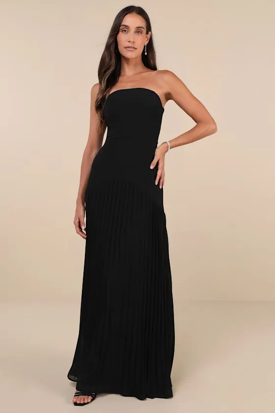 Celebratory Aesthetic Black Pleated Strapless Maxi Dress sold by Lulus