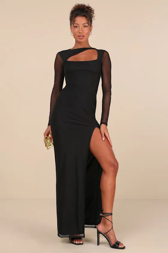 Remarkable Attitude Black Mesh Asymmetrical Cutout Maxi Dress sold by Lulus