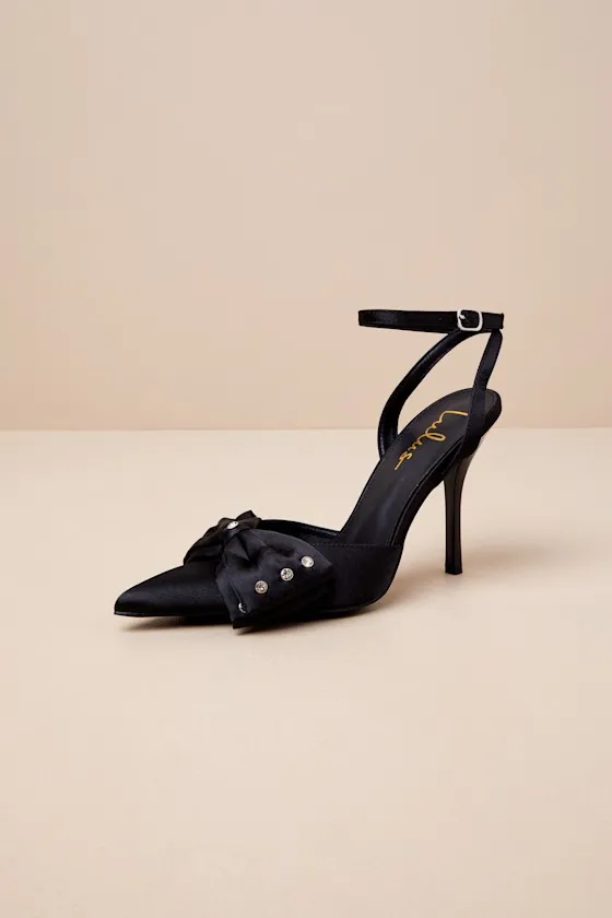 Ellandra Black Satin Bow Ankle Strap Pumps sold by Lulus product image thumbnail 2