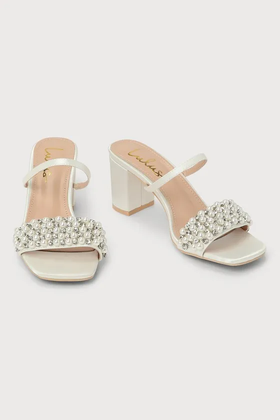 Karcen Ivory Satin Pearl Rhinestone High Heel Slide Sandals sold by Lulus product image thumbnail 3