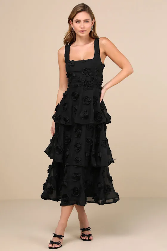 Exceptional Entrance Black Sleeveless Tiered Rosette Midi Dress sold by Lulus