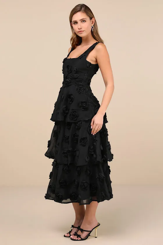 Exceptional Entrance Black Sleeveless Tiered Rosette Midi Dress sold by Lulus product image thumbnail 2