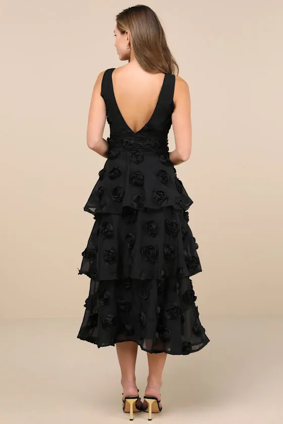 Exceptional Entrance Black Sleeveless Tiered Rosette Midi Dress sold by Lulus product image thumbnail 3