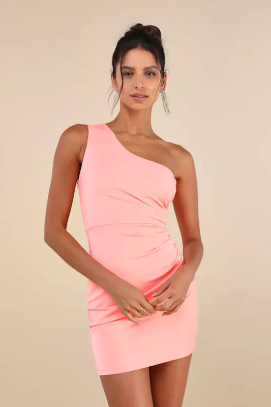 Extraordinary Poise Coral Pink One-Shoulder Mini Dress sold by Lulus
