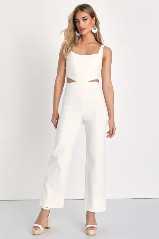 Perfect Icon Ivory Bustier Cutout Straight Leg Denim Jumpsuit sold by Lulus