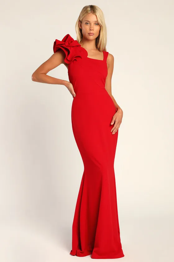 Lucette Red Sleeveless Ruffled Mermaid Maxi Dress sold by Lulus