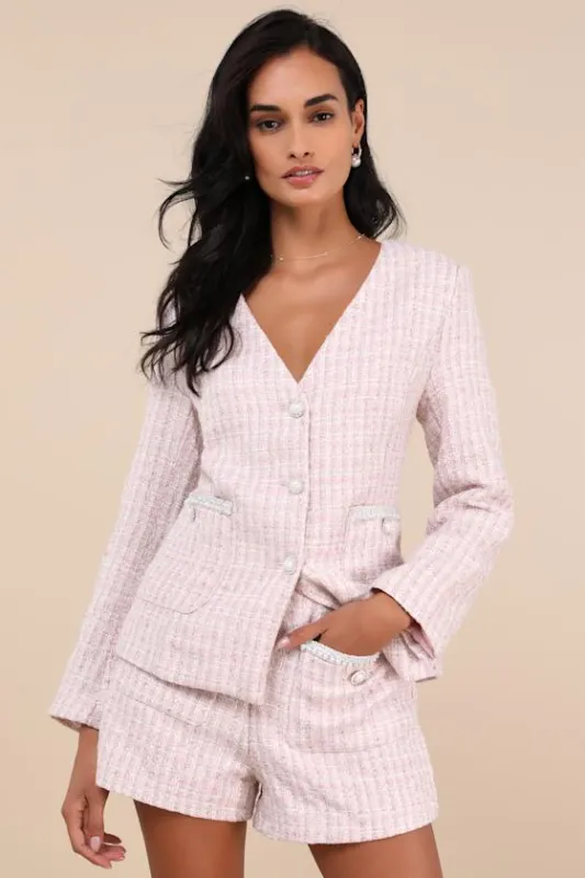 Adept Sophistication Light Pink Tweed Lurex High-Waisted Shorts sold by Lulus