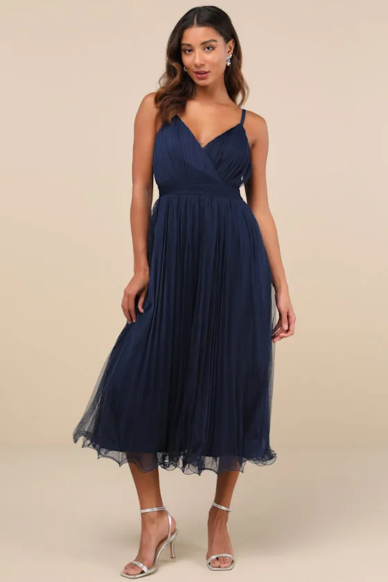 Exemplary Aura Navy Tulle Surplice Midi Dress sold by Lulus