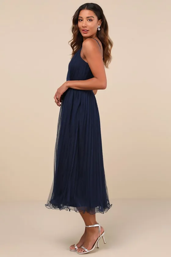 Exemplary Aura Navy Tulle Surplice Midi Dress sold by Lulus product image thumbnail 2