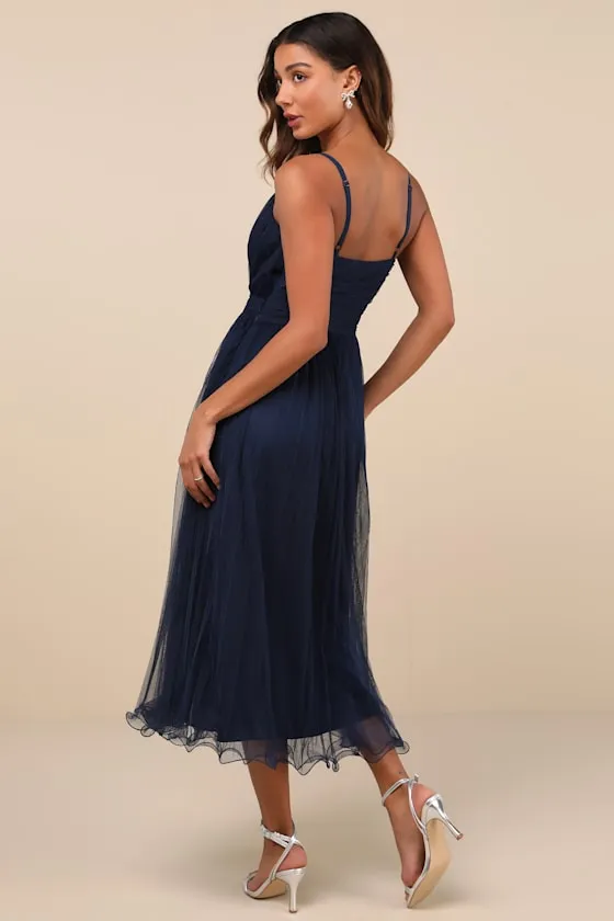 Exemplary Aura Navy Tulle Surplice Midi Dress sold by Lulus product image thumbnail 3