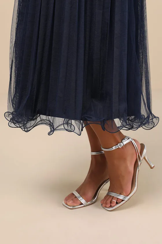 Exemplary Aura Navy Tulle Surplice Midi Dress sold by Lulus product image thumbnail 4