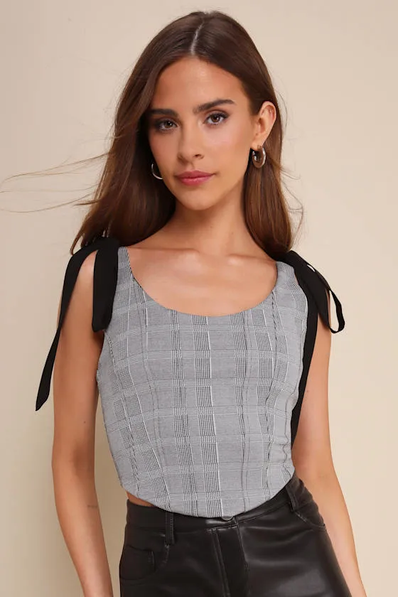 Chic Temptation Black and Ivory Plaid Tie-Strap Crop Top sold by Lulus