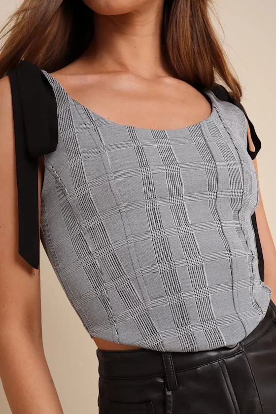 Chic Temptation Black and Ivory Plaid Tie-Strap Crop Top sold by Lulus product image thumbnail 4