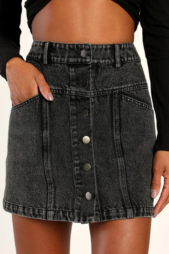 Real Babe Black High Waisted Button-Up Denim Mini Skirt sold by Lulus