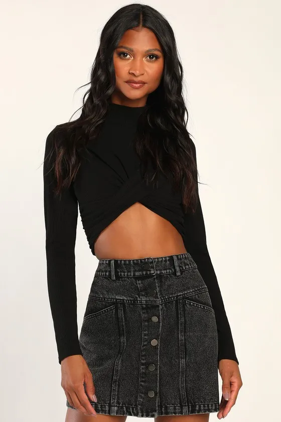Real Babe Black High Waisted Button-Up Denim Mini Skirt sold by Lulus product image thumbnail 2