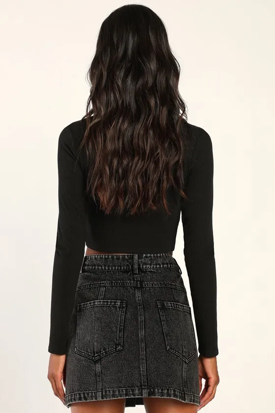 Real Babe Black High Waisted Button-Up Denim Mini Skirt sold by Lulus product image thumbnail 4