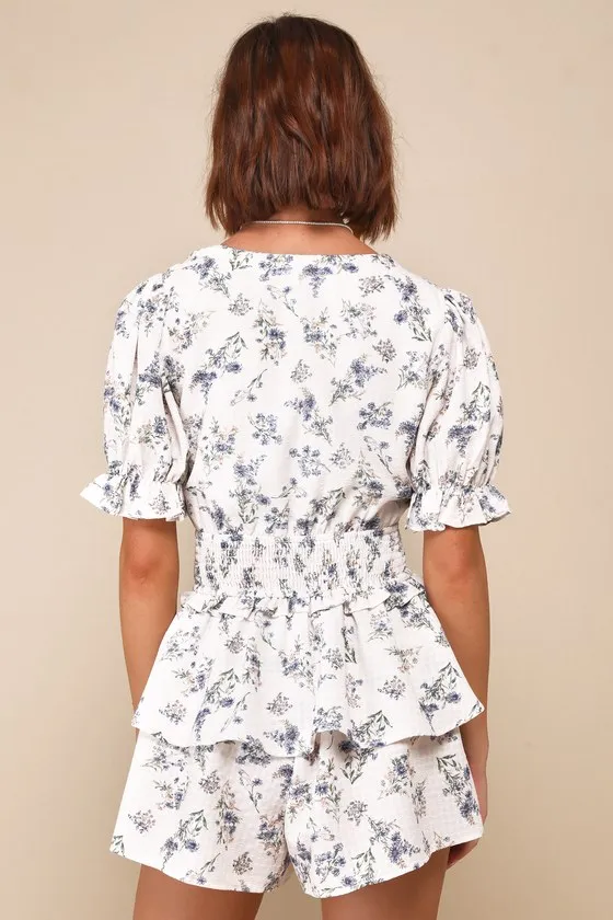 Complete Babe Ivory Floral Textured Tiered Smocked Cutout Romper sold by Lulus product image thumbnail 3