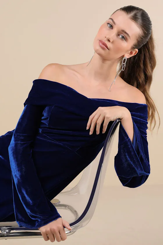 Alluring Glam Dark Blue Velvet Off-the-Shoulder Mini Dress sold by Lulus product image thumbnail 4