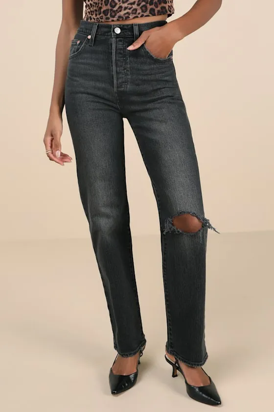 Ribcage Black Straight Leg High-Rise Distressed Denim Jeans sold by Lulus product image thumbnail 2